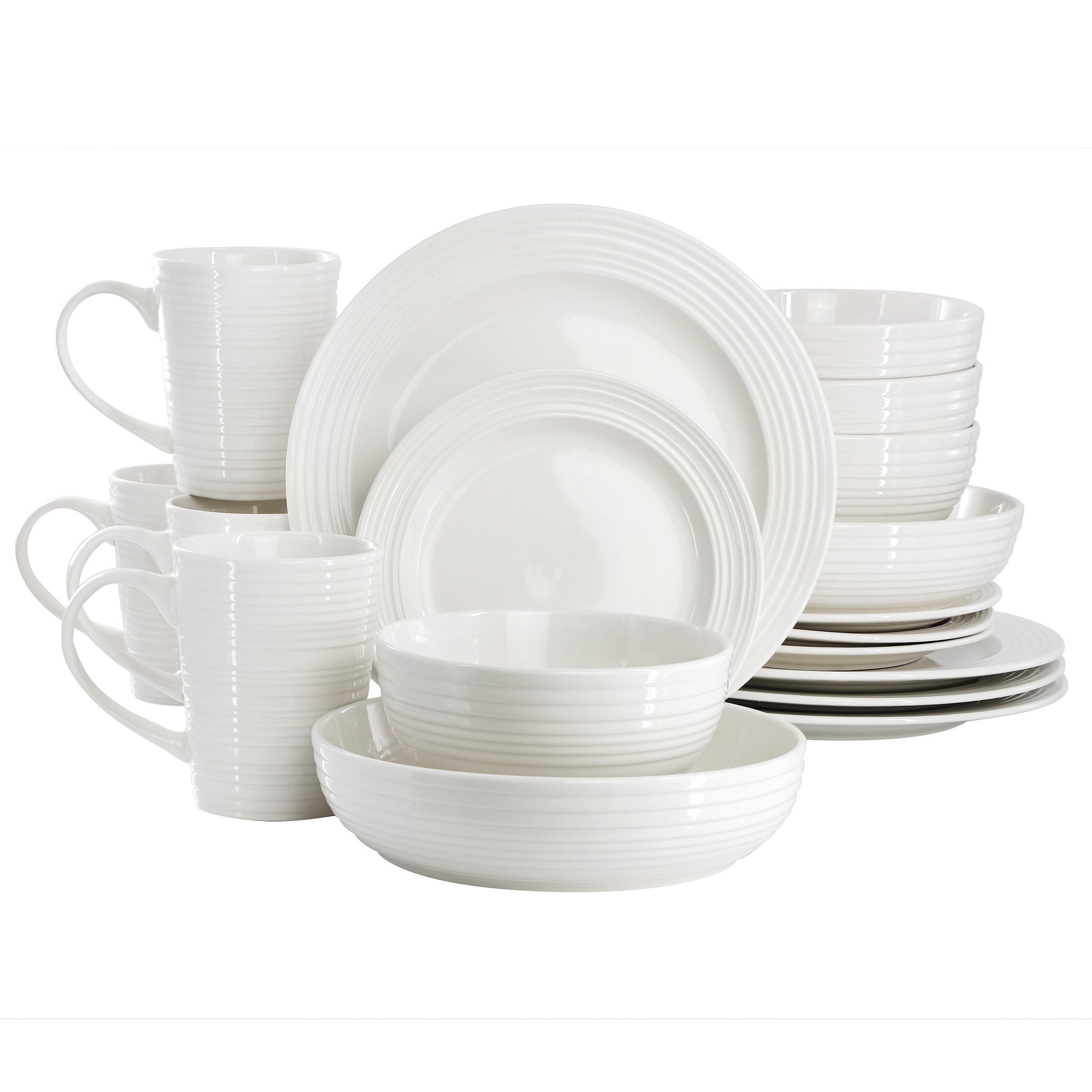 Elama Nikki 18 Piece Ribbed White Porcelain Dinnerware and Serving Bowl Set - White