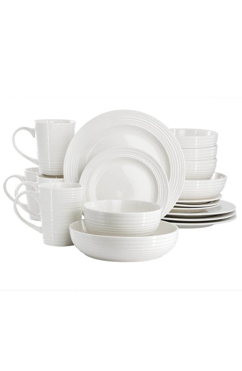 Elama Nikki 18 Piece Ribbed White Porcelain Dinnerware and Serving Bowl Set, Main, color, White