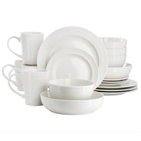 Nikki 18 Piece Ribbed White Porcelain Dinnerware and Serving Bowl Set