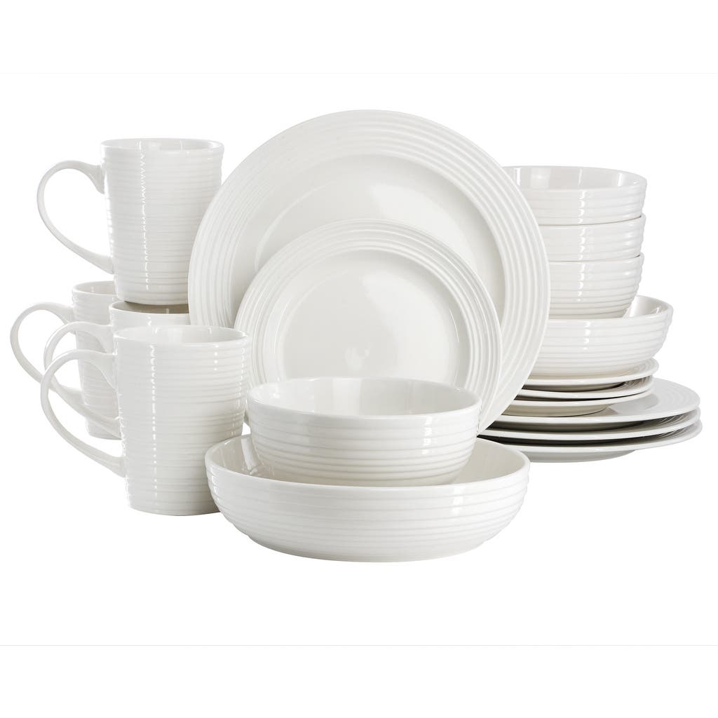 Elama Nikki 18 Piece Ribbed White Porcelain Dinnerware And Serving Bowl Set In White