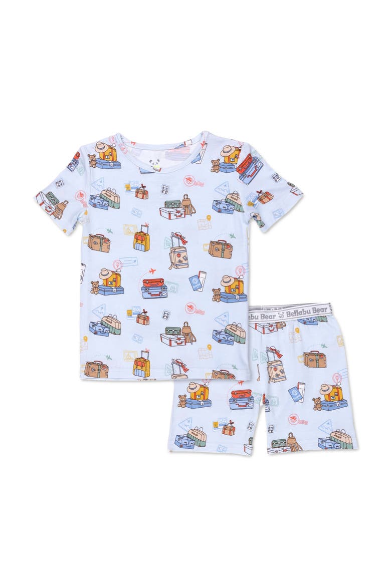 Vintage Suitcases Kids 2-Piece Short Sleeve & Shorts Pajama Set, Main, color, Vintage Suitcases