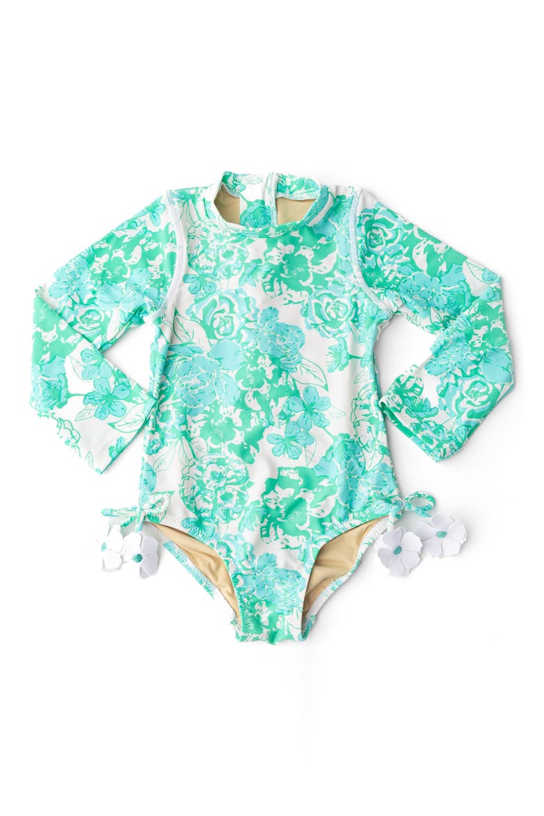 Kids' Charming Rose One-Piece Rashguard Swimsuit, Main, color, GREEN