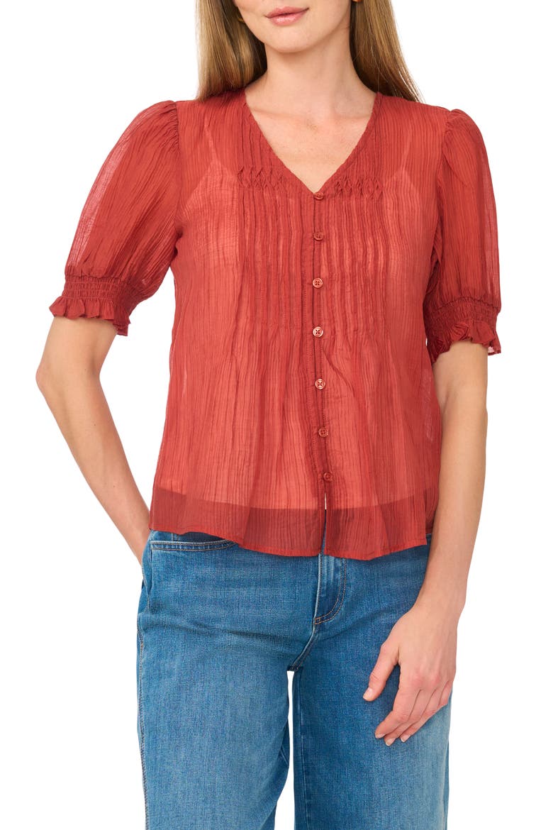 Pintuck V-Neck Puff Sleeve Top, Main, color, RUST