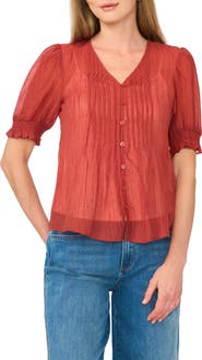 Vince Camuto Pintuck V-Neck Puff Sleeve Top