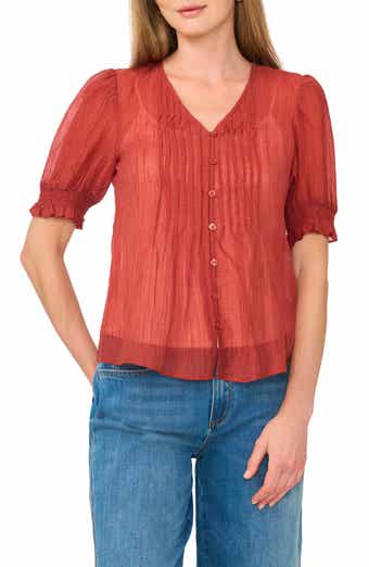 Pintuck V-Neck Puff Sleeve Top