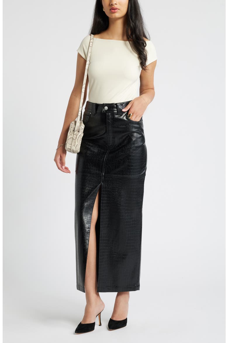 Croc Embossed Faux Leather Column Skirt, Alternate, color, BLACK