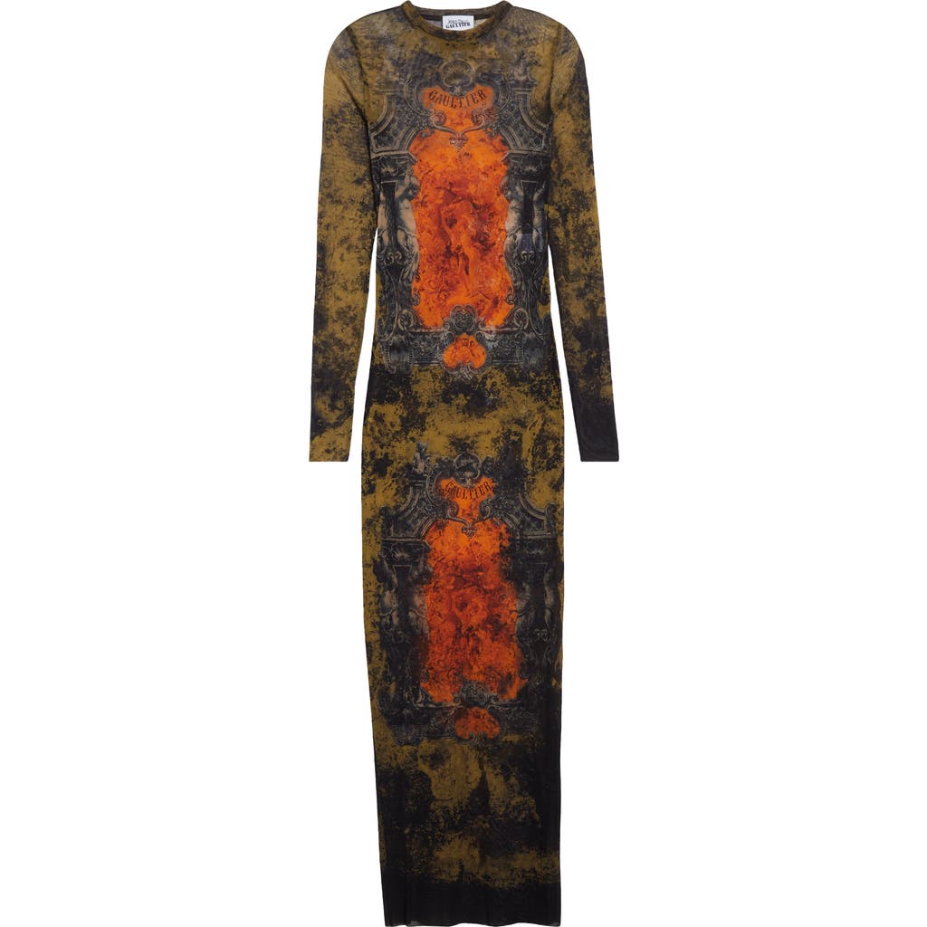 Jean Paul Gaultier Medallion Print Long Sleeve Mesh Body-con Dress In Multi