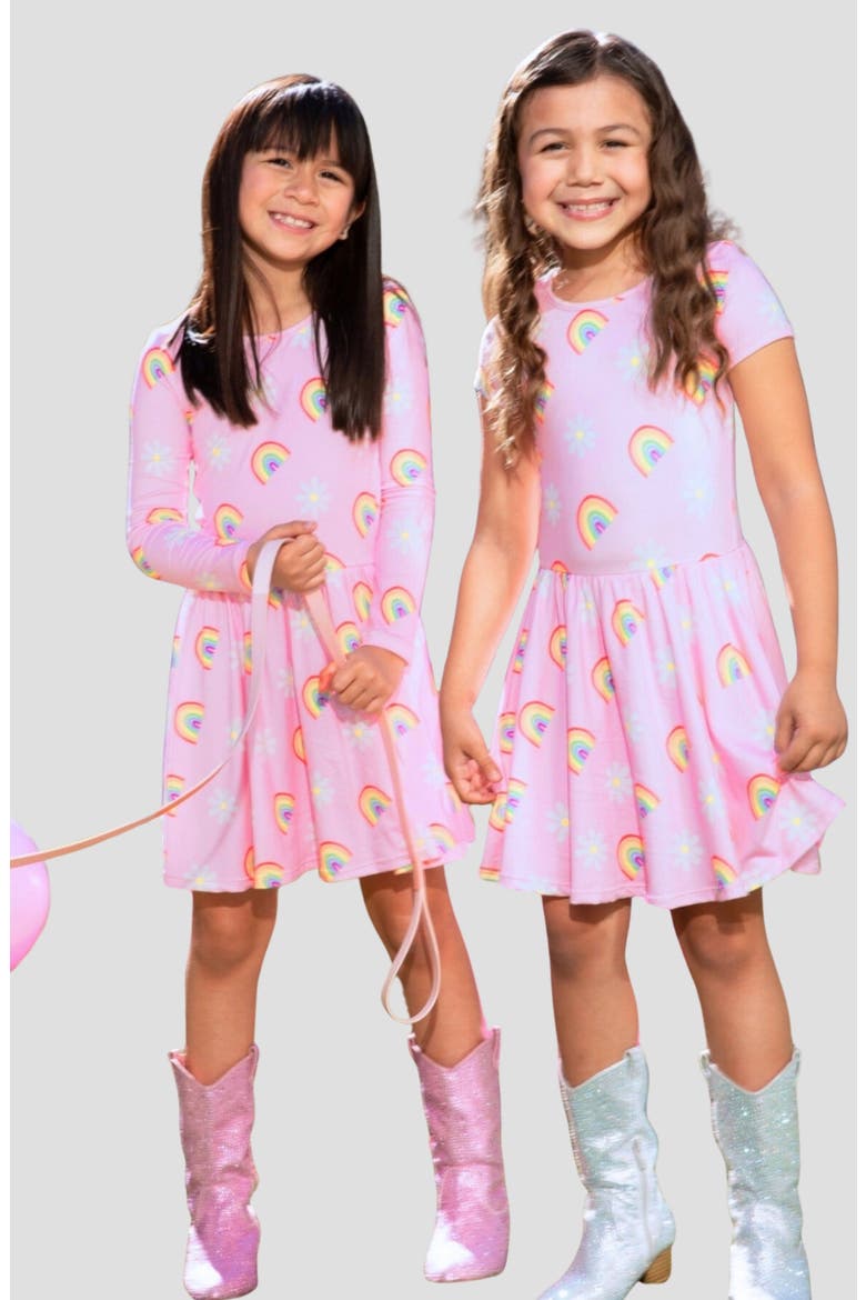 Kids' Long Sleeve Be Happy Dress, Alternate, color, PINK RAINBOW