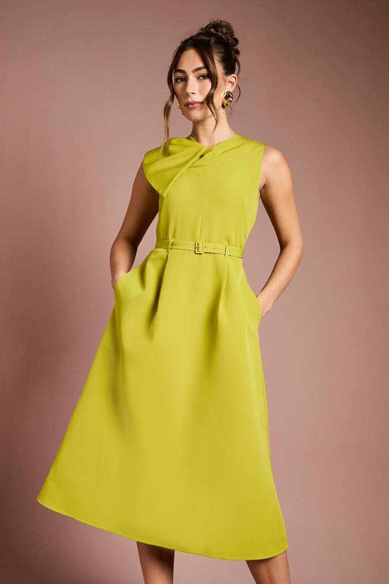 Bow Crepe Belted Midi Dress, Alternate, color, Acid Lime