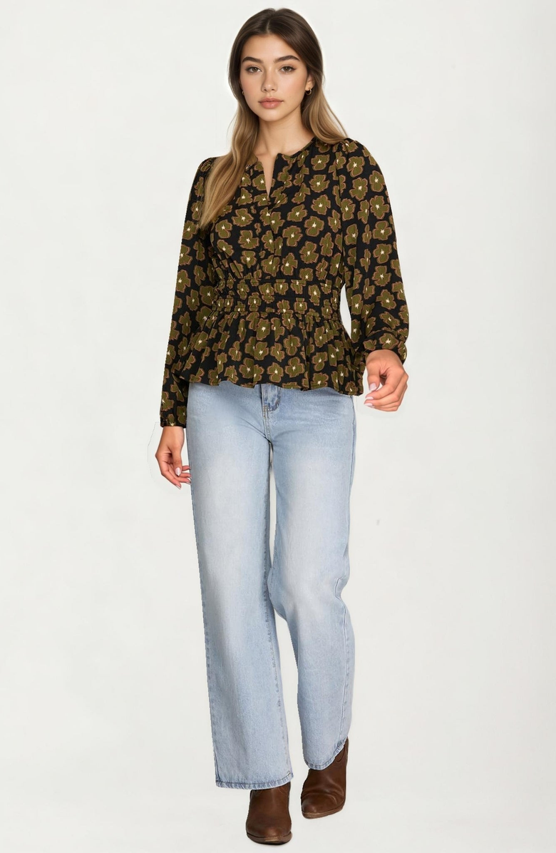 Knit and Lounge Floral Print Smocked Waist Blouse, Main, color, Black / Green Floral