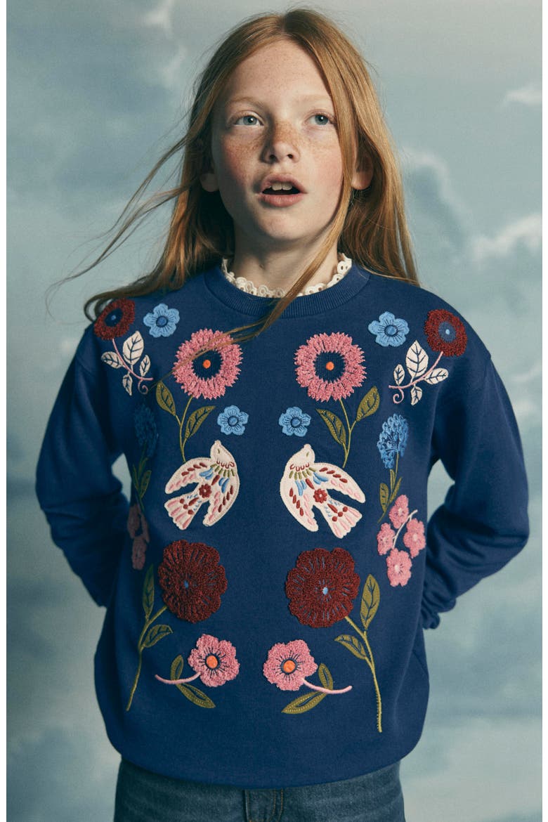 Kids' Bobbie Appliqué Sweatshirt, Alternate, color, NAVY BIRD PLACEMENT