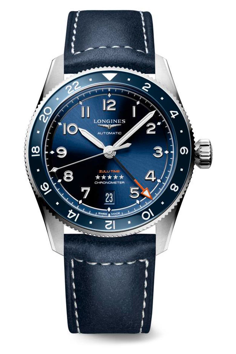 Spirit Zulu Time GMT Automatic Leather Strap Watch, 39mm, Main, color, BLUE