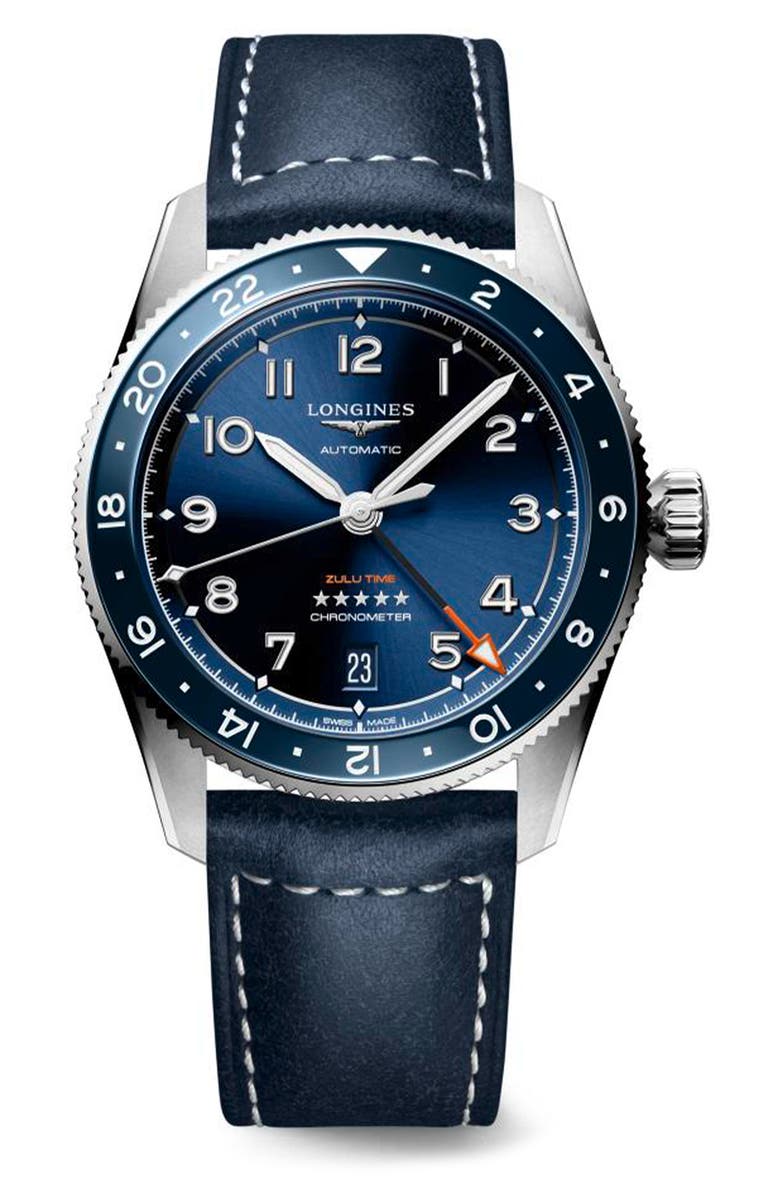 Longines Spirit Zulu Time GMT Automatic Leather Strap Watch, 39mm, Main, color, Blue