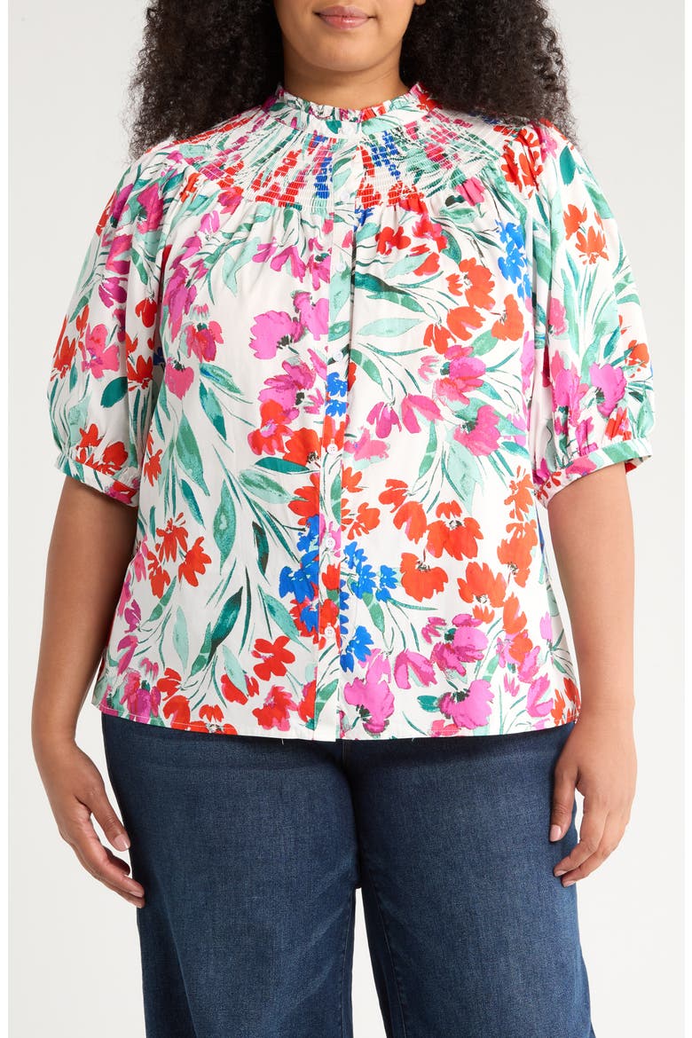 Kivia Smocked Floral Print Top, Main, color, WHITE/ RED/ BLUE