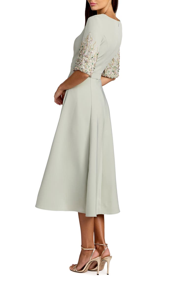 Crepe A Line Midi Dress With Beaded Sleeves, Alternate, color, Sage