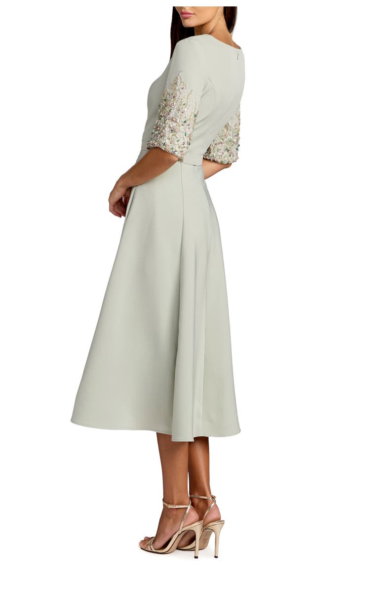 Mac Duggal Crepe A Line Midi Dress With Beaded Sleeves, Alternate, color, Sage