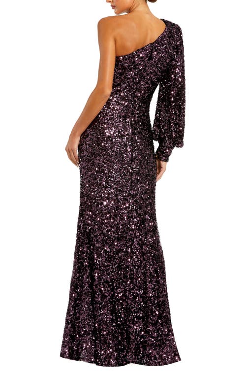 Mac Duggal Sequined One Shoulder Bishop Sleeve Trumpet Gown In Purple