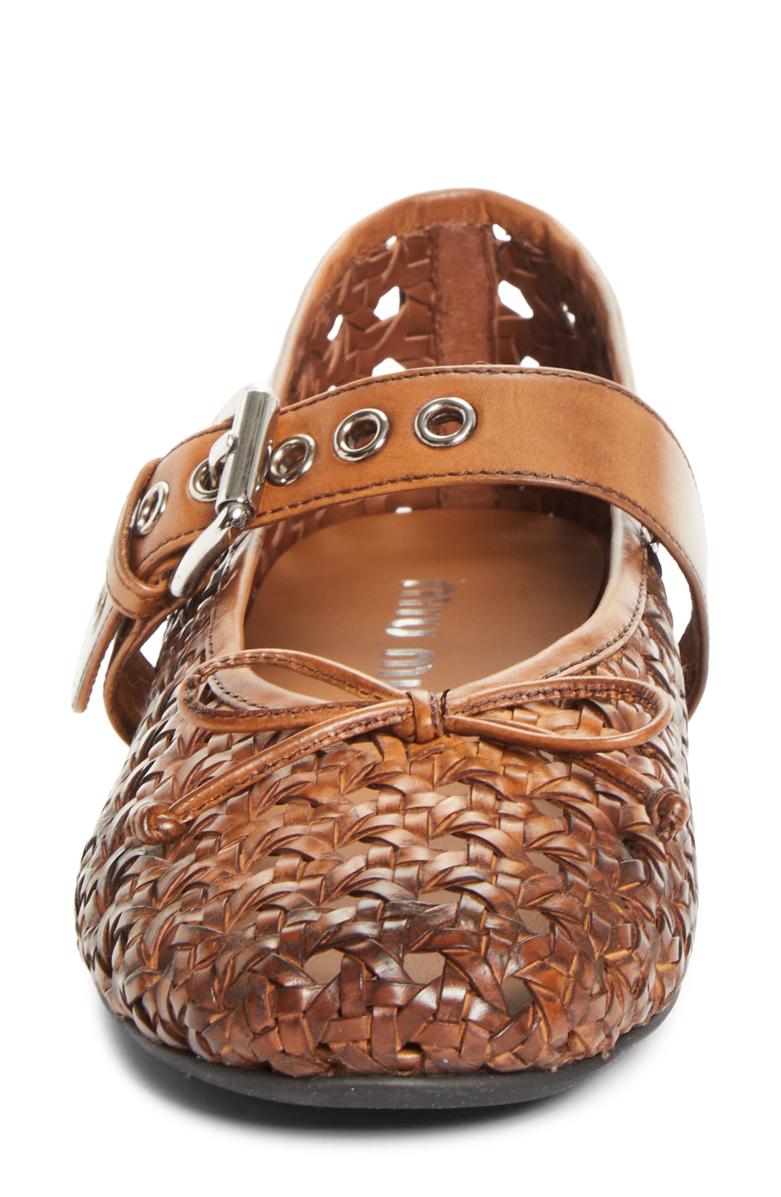 Miu Miu Woven Leather Mary Jane Flat, Alternate, color, Cognac