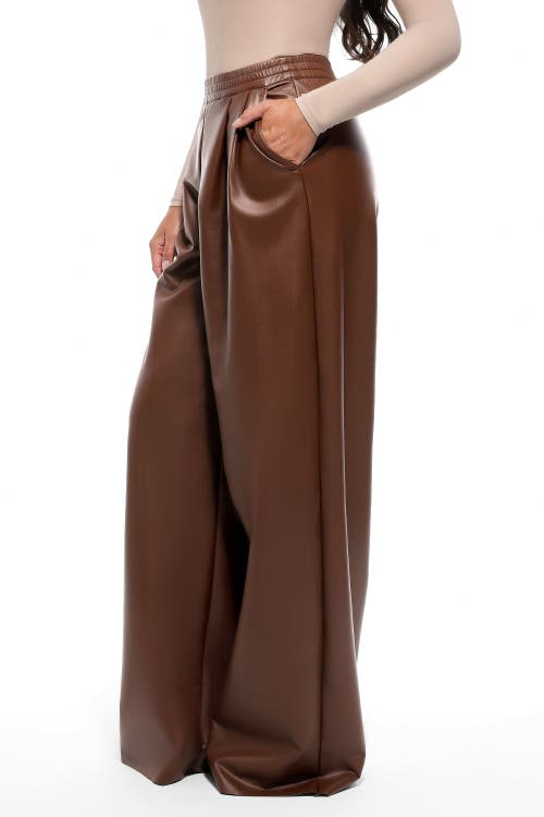 Popilush Faux Leather High Waisted Wide Leg Pants In Brown