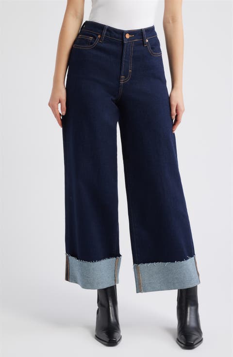 Cuffed High Waist Ankle Wide Leg Jeans (Rinse)