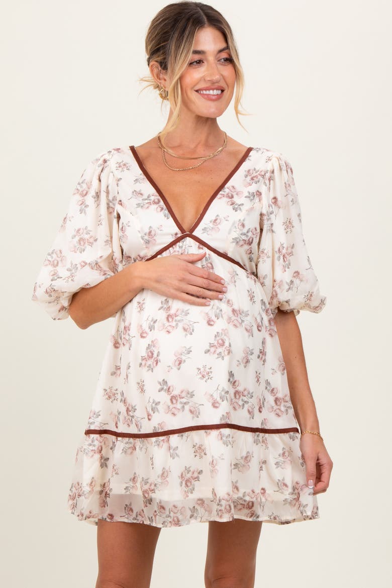 Floral Deep V-Neck Back Cutout Dress, Alternate, color, Cream