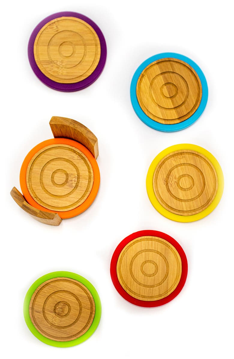 BergHOFF Silicone Rim Bamboo 6-Piece Coaster Set, Alternate, color, Brown