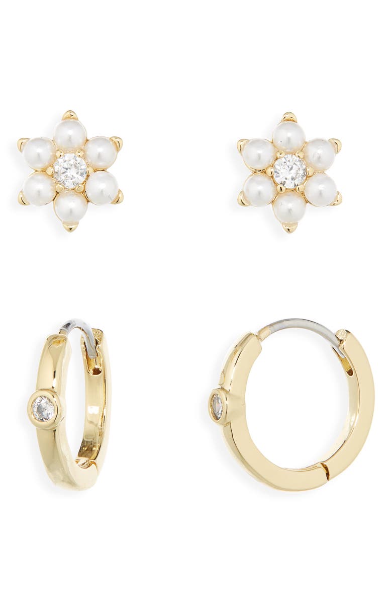 Kate Spade New York set of 2 faux pearl cluster hoop earrings, Alternate, color, Cream/ Clear/ Gold