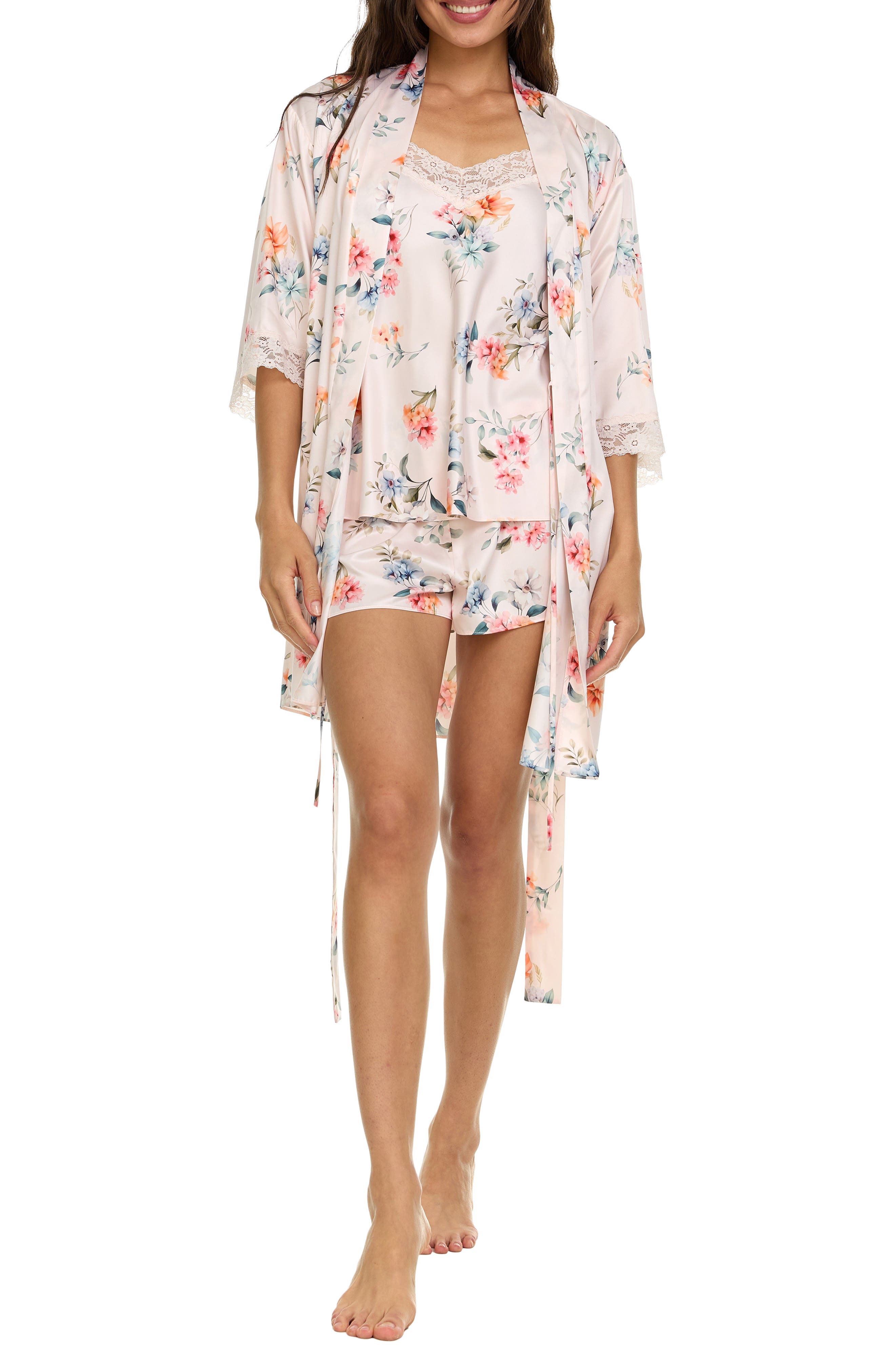 Flora Nikrooz Sabrina Floral Print Satin Short Pajamas & Robe Set