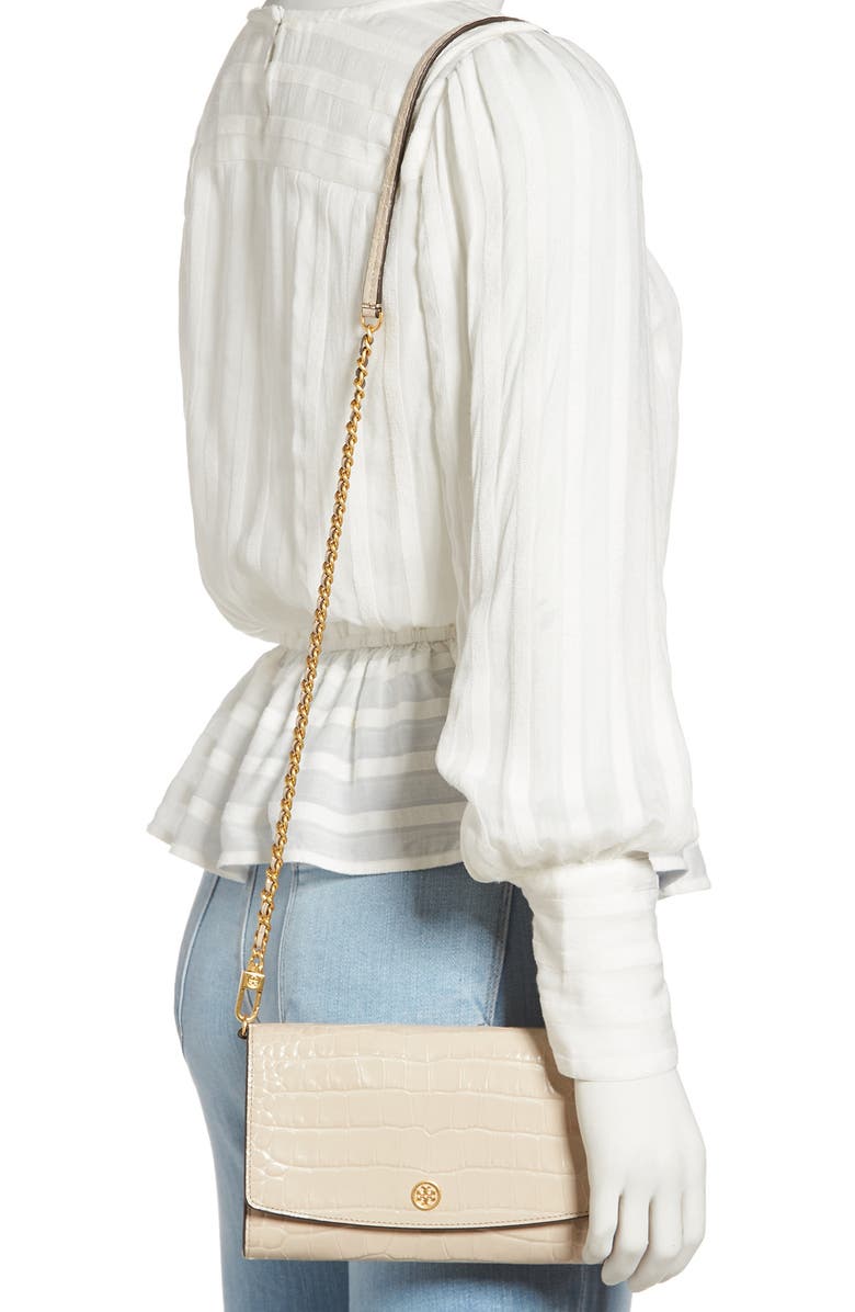 Tory Burch Robinson Croc Embossed Leather Wallet on a Chain, Alternate, color, 