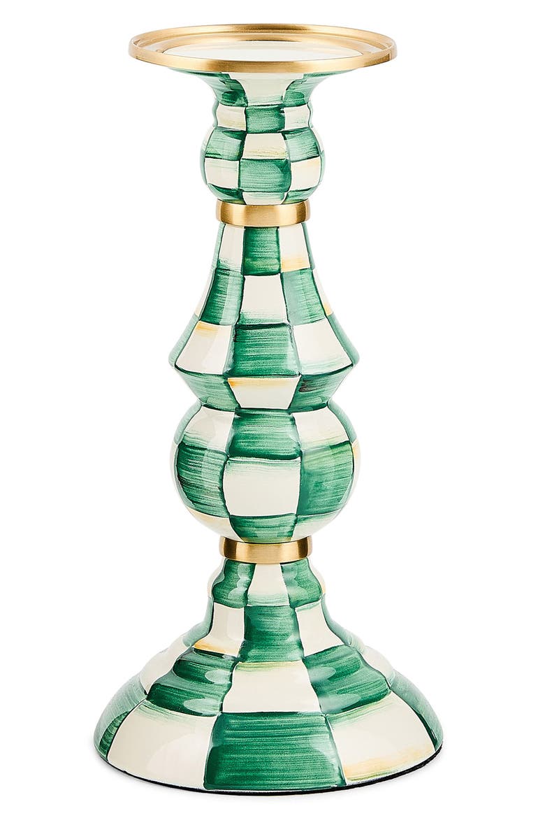 Emerald Check Large Pillar Candleholder, Main, color, EMERALD