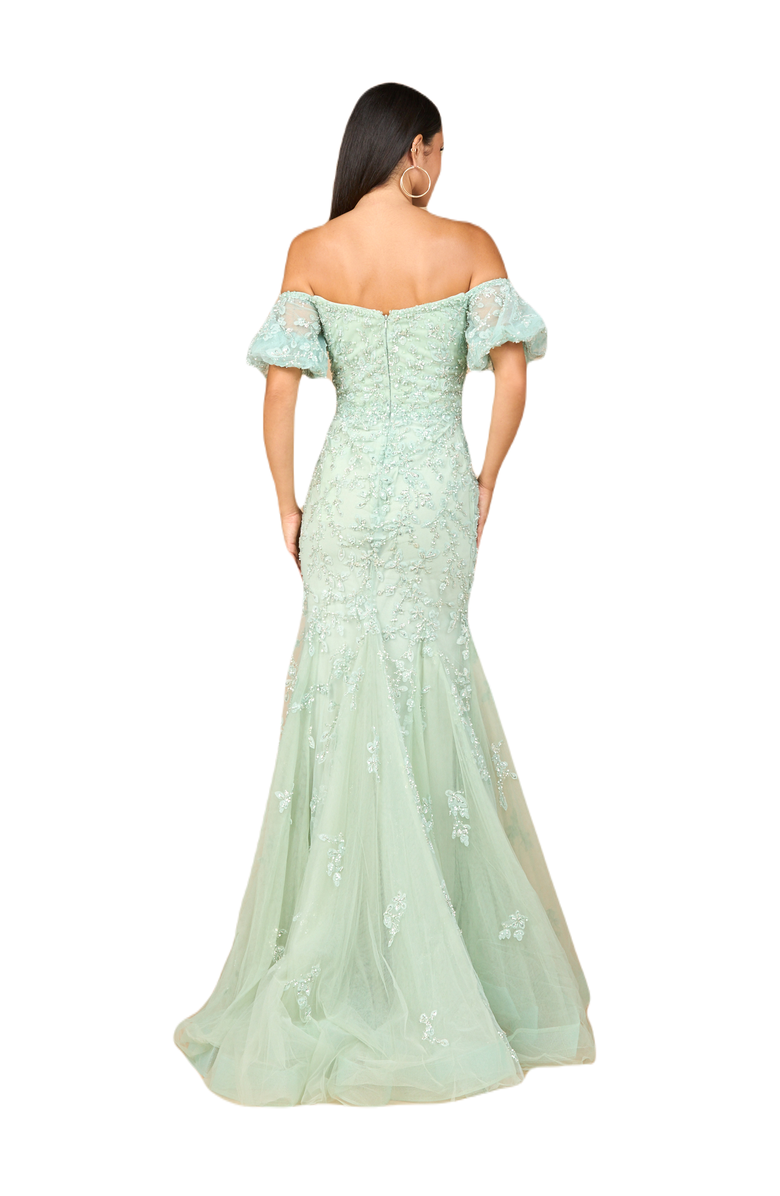 LARA New York Lace, Off Shoulder Mermaid Gown, Alternate, color, Sage