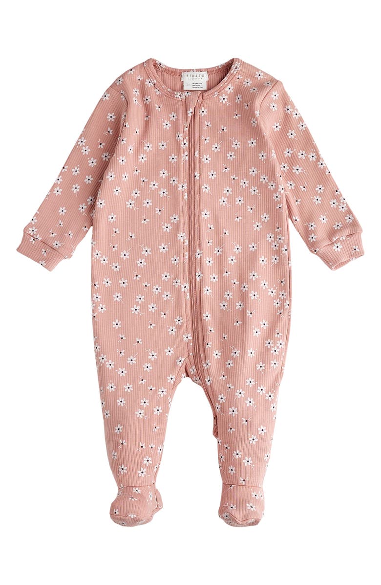 FIRSTS by Petit Lem Autumn Garden Print One Piece Cotton Footie Pajamas, Main, color, 