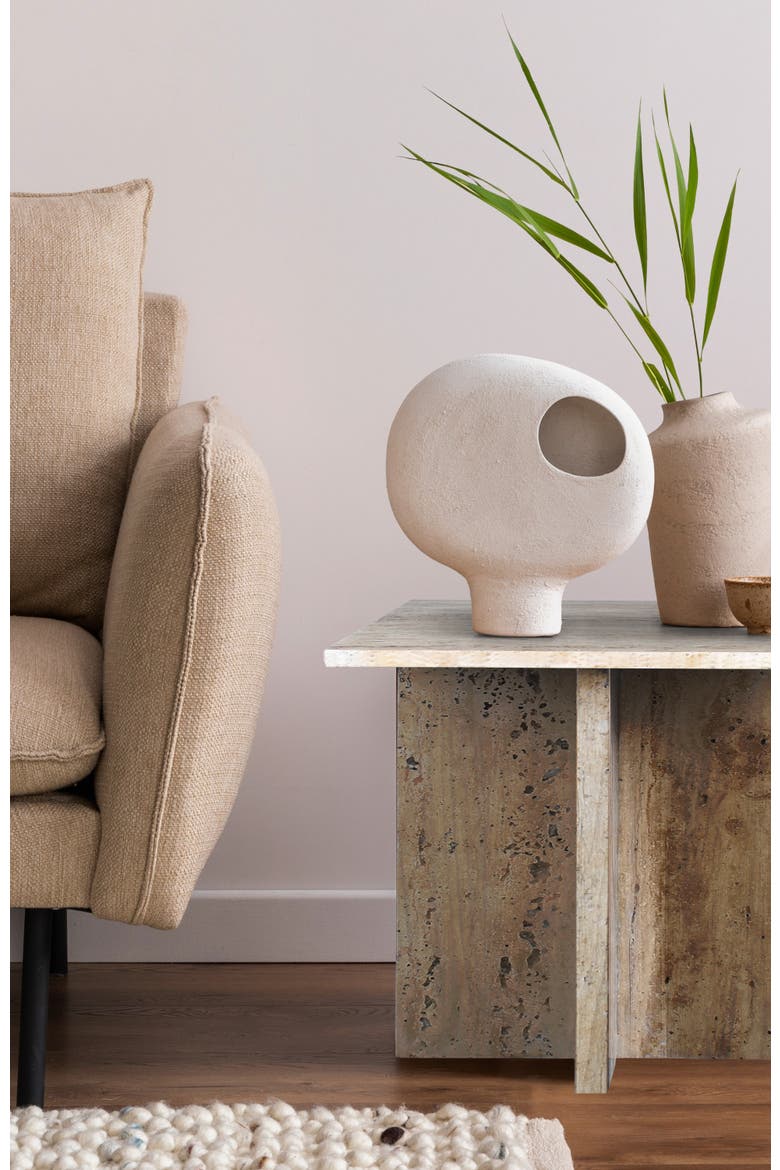 Cecil Modern Square Marble End Table with Cross Base, Solid Stone Accent Side Table for Living Room, Alternate, color, Travertine