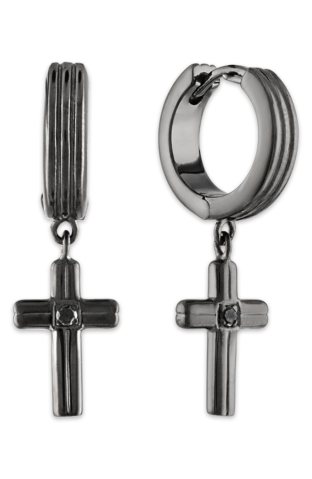 Esquire Men's Black Diamond Cross Drop Huggie Hoop Earrings