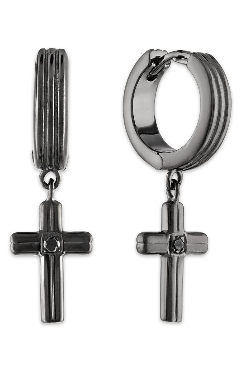 Esquire Men's Black Diamond Cross Drop Huggie Hoop Earrings, Main, color, Sterling Silver