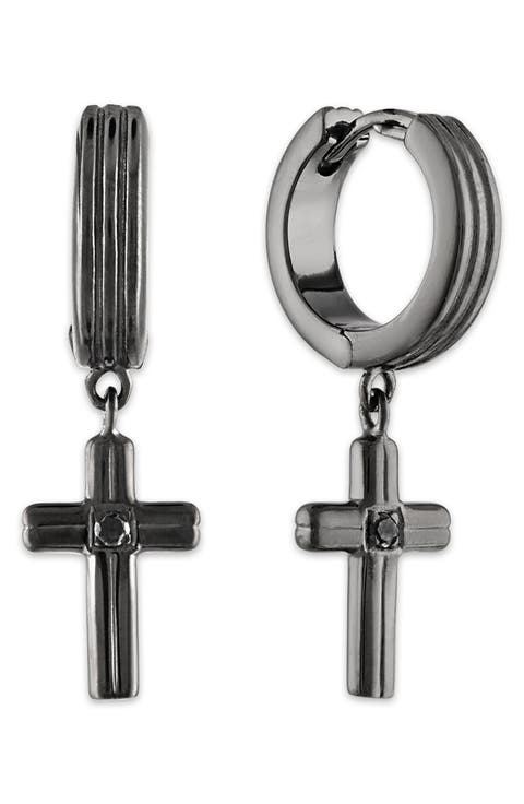Men's Black Diamond Cross Drop Huggie Hoop Earrings