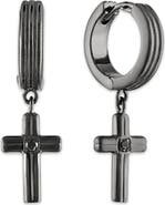 Esquire Men's Black Diamond Cross Drop Huggie Hoop Earrings