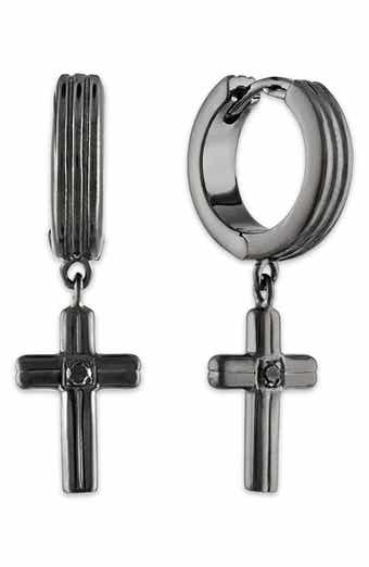 Esquire Men's Black Diamond Cross Drop Huggie Hoop Earrings