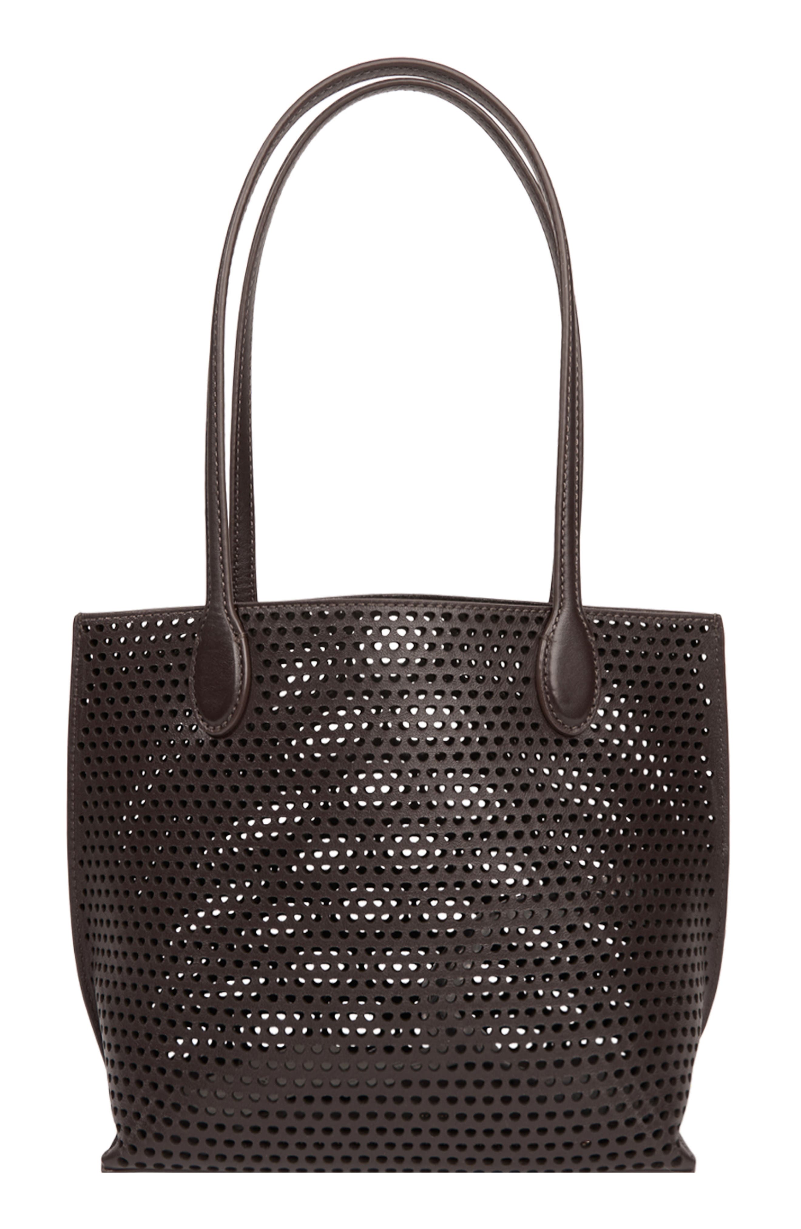 Vince Small Athene Perforated Nappa Leather Tote, Alternate, color, Cacao