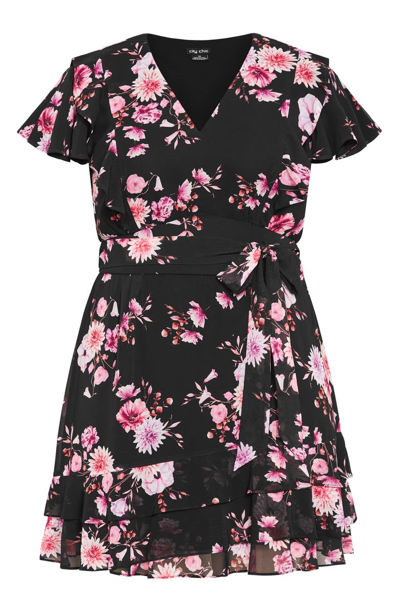 City Chic Serene Floral Tie Waist Minidress, Alternate, color, Black Bloom