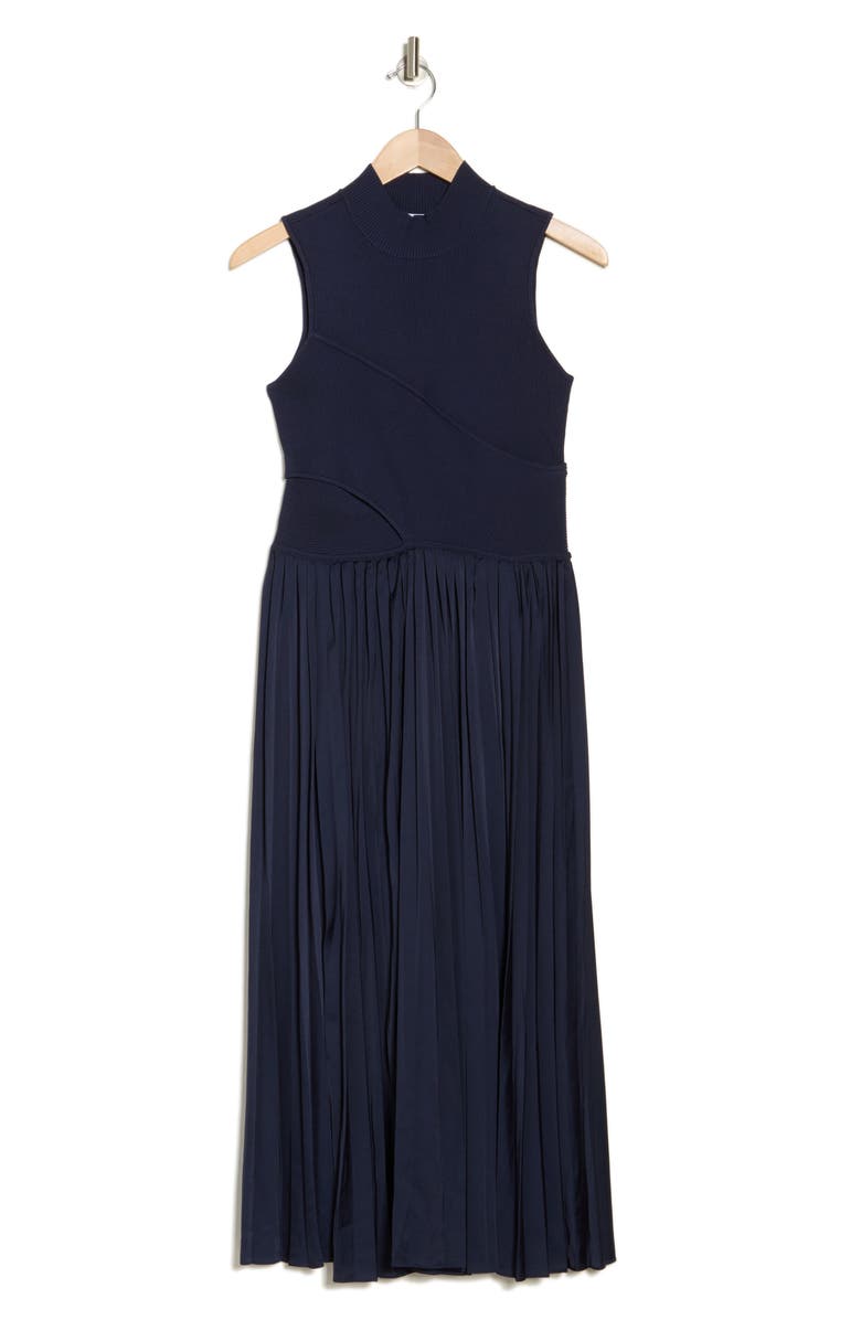 Derek Lam 10 Crosby Maizie Sleeveless Pleated Mixed-Media Dress, Alternate, color, Navy