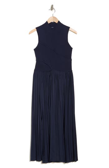 Derek Lam 10 Crosby Maizie Sleeveless Pleated Mixed-media Dress In Navy