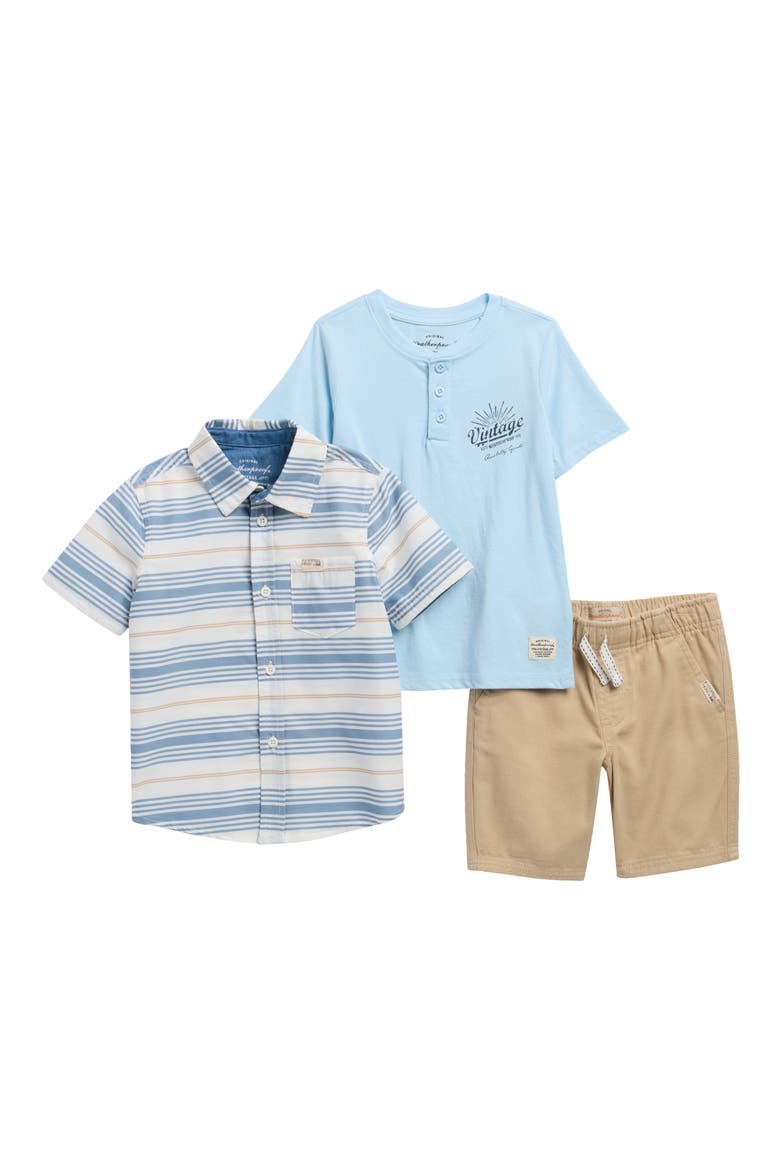 Kids' Stripe Short Sleeve Poplin Button-Up Shirt, Henley & Shorts Set, Main, color, HUMUS