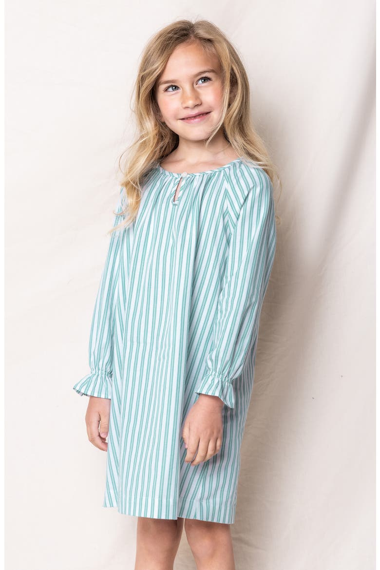 Kids' Delphine Emerald Ticking Stripe Cotton Blend Twill Nightgown, Alternate, color, GREEN