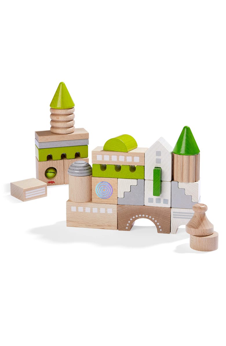 HABA Wooden Block Coburg Set - 28 Piece Building Block Set for Toddlers and Kids - Wooden Stacking Toys Made in Germany, For 18 Months and Up, Main, color, Green Multi