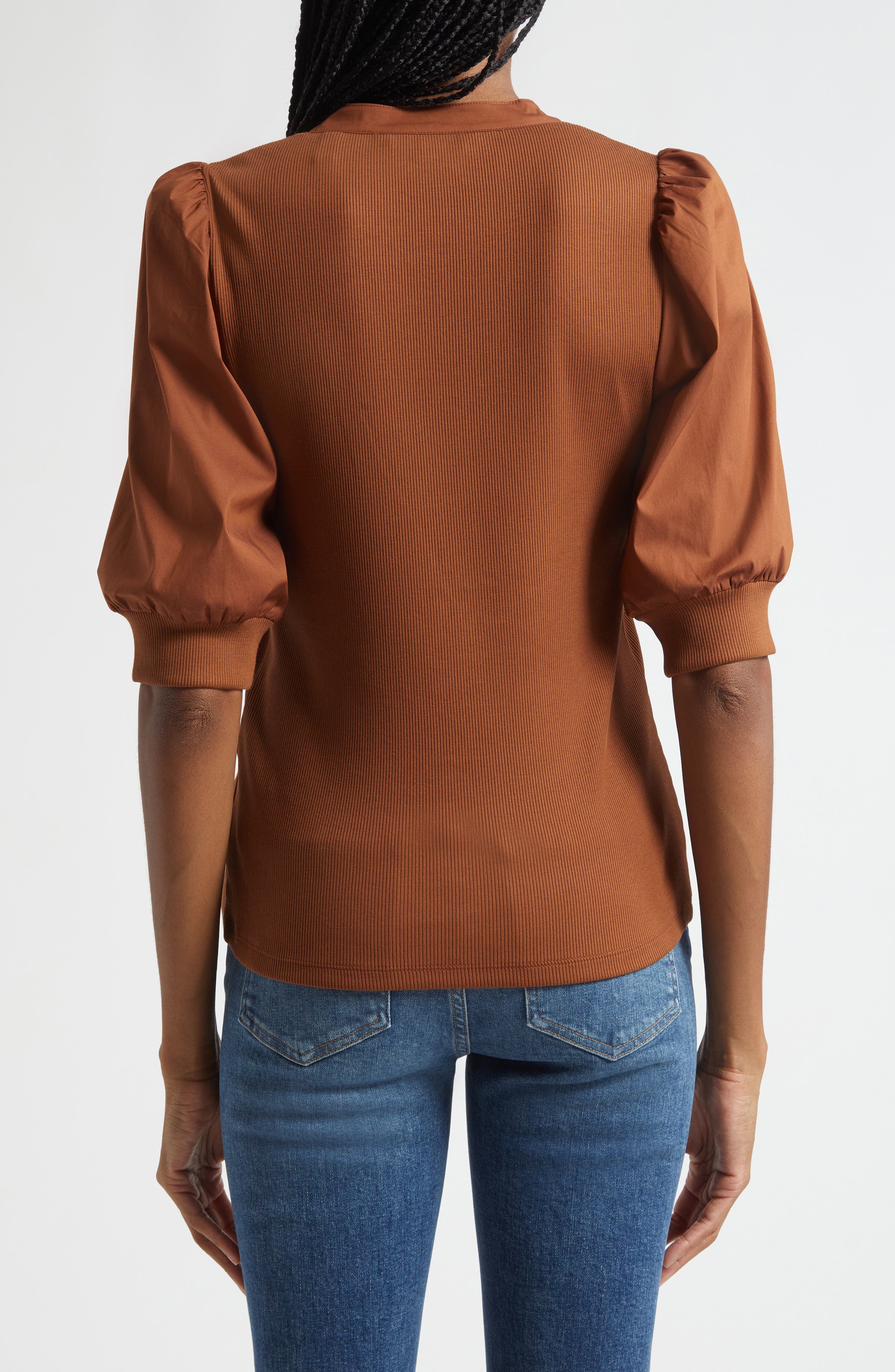 Coralee Puff Sleeve Mixed Media Henley Top - image 4