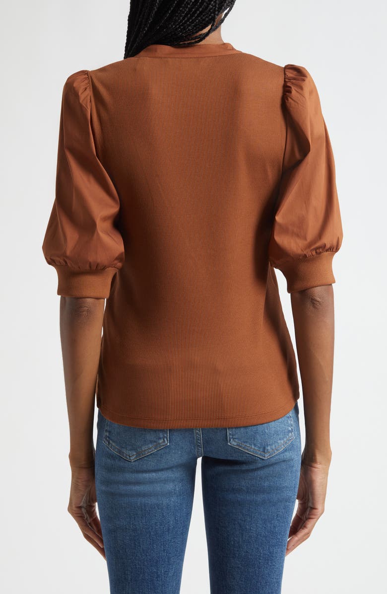 Veronica Beard Coralee Puff Sleeve Mixed Media Henley Top, Alternate, color, Mahogany