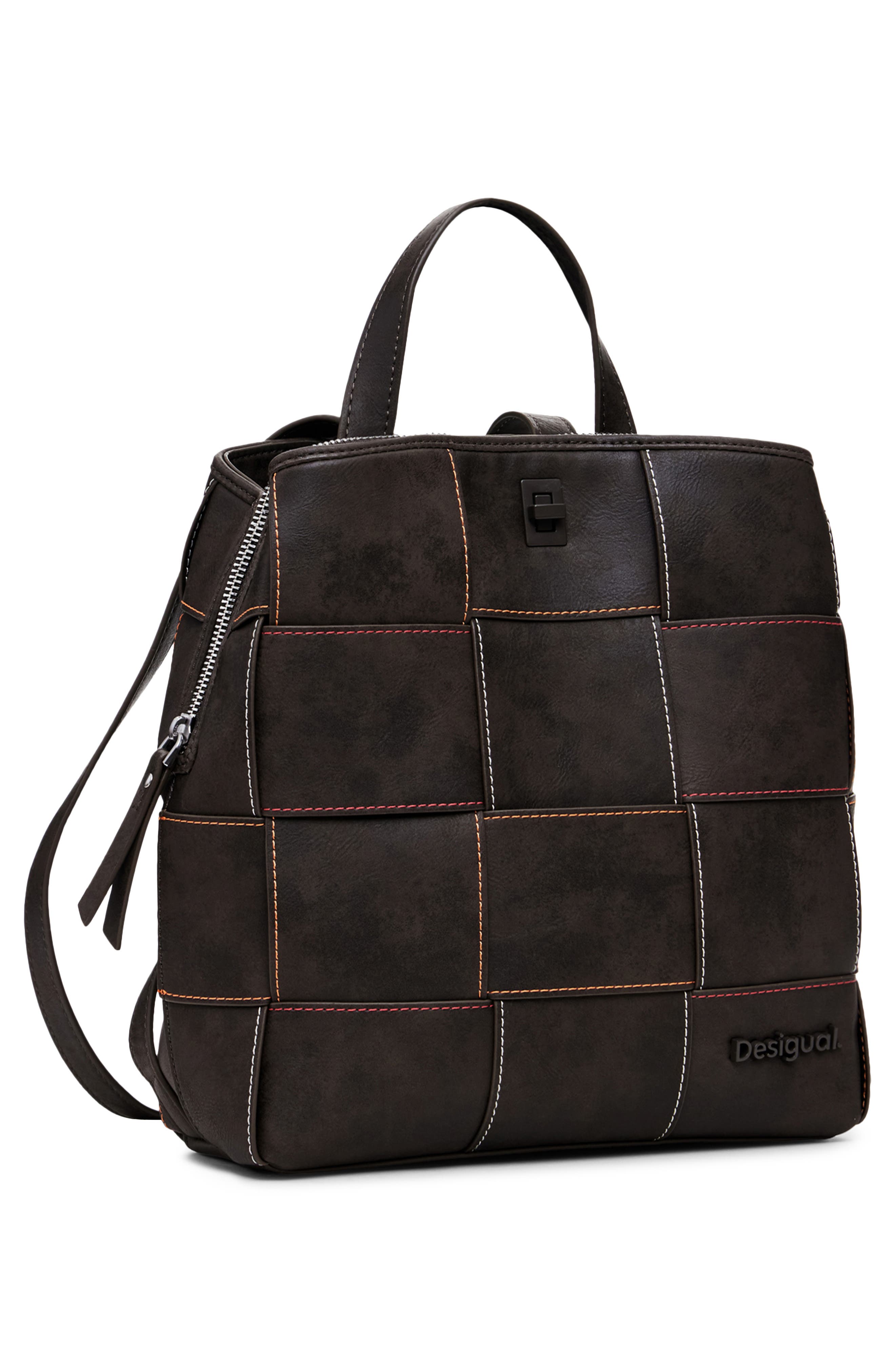 Desigual Mini Woven Faux Leather Backpack, Alternate, color, Dark Brown