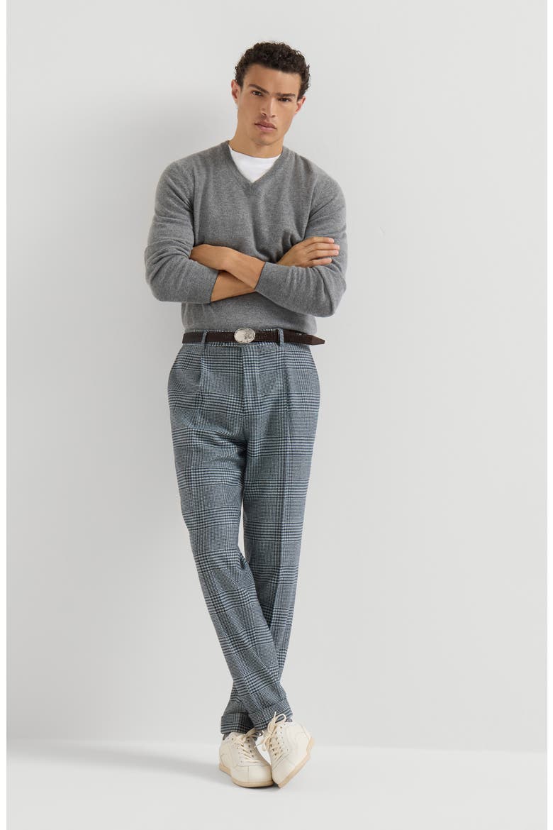 Comfort wool and cashmere Prince of Wales flannel trousers with pleat, Alternate, color, Cerulean