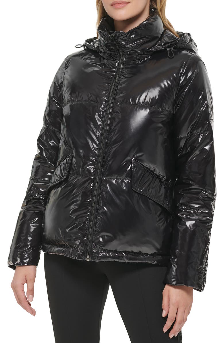 KARL LAGERFELD PARIS Glossy Hooded Puffer Jacket, Main, color, 